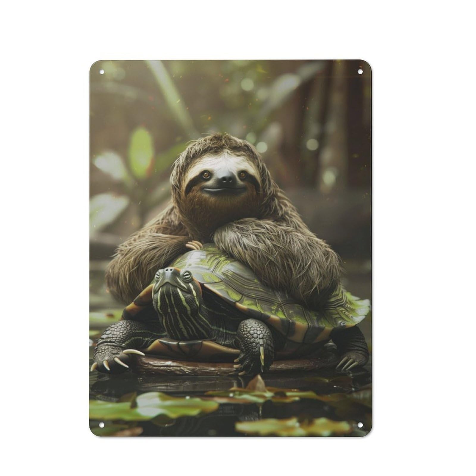 Nostalgic Decorative Tin Plaque 40x30cm Featuring Sloth Chilling on Turtle, Classic Pub Decor for Cafe, Pub, Workshop Or Home Bar