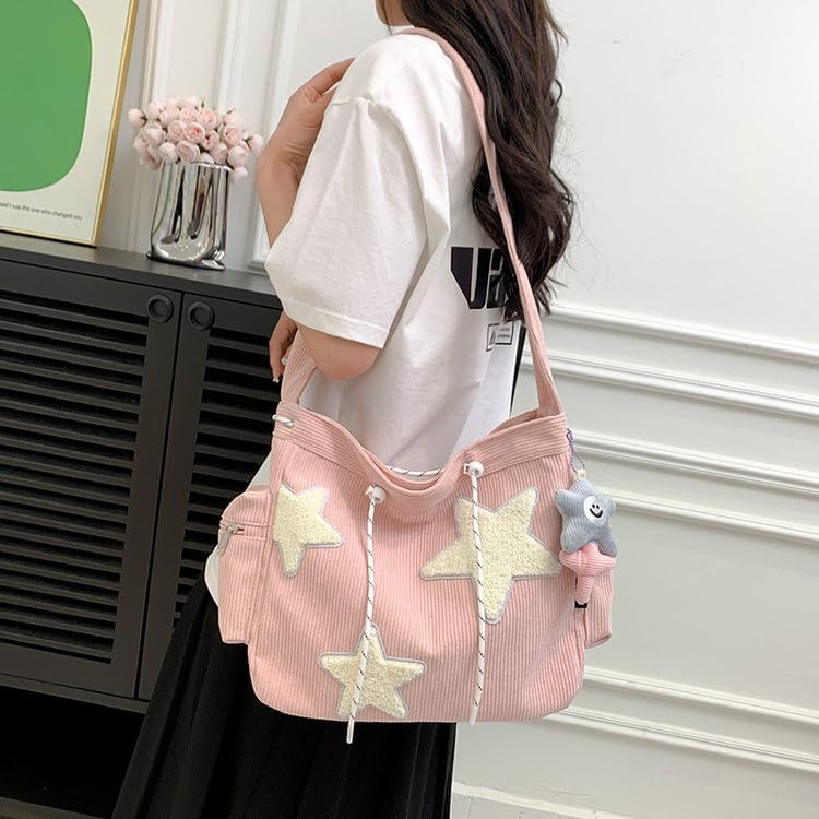 Cute Five-pointed Star Shoulder Bag for Women Canvas Tote Bag Crossbody Purse with Star Pattern Versatile Fashion Handbag
