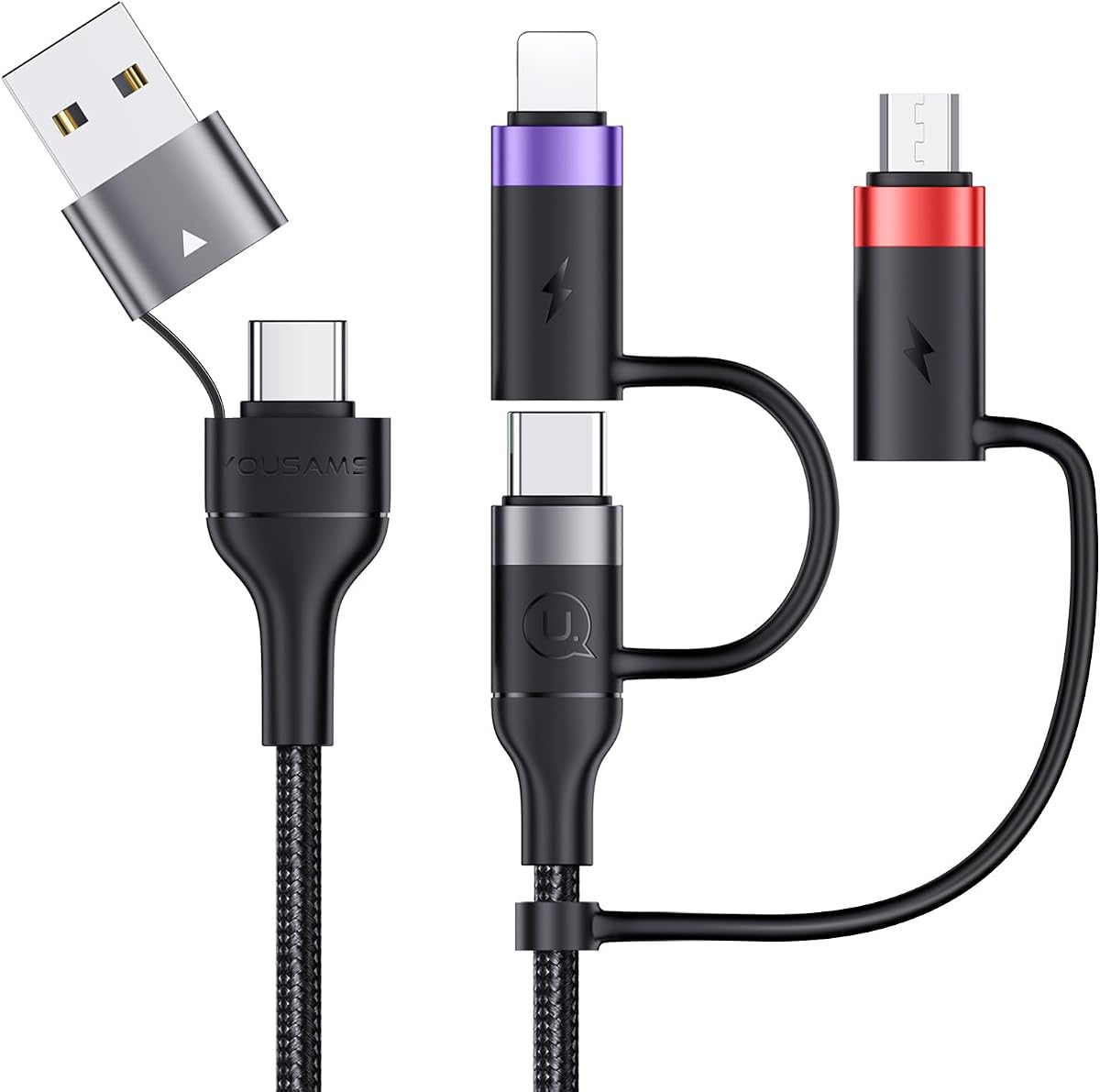 PD 60W USB C Multi Fast Charging Cable Nylon Braided Cord 5-in-1 3A USB/C to Type C/Micro/Phone Fast Sync Charger Adapter Compatible with Laptop/Tablet/Phone