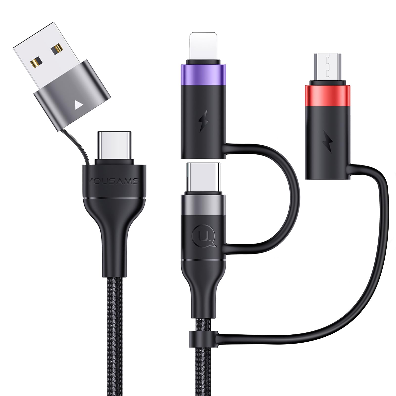 YOUSAMS PD 60W USB C Multi Fast Charging Cable Nylon Braided Cord 5-in-1 3A USB/C to Type C/Micro/Phone Fast Sync Charger Adapter Compatible with