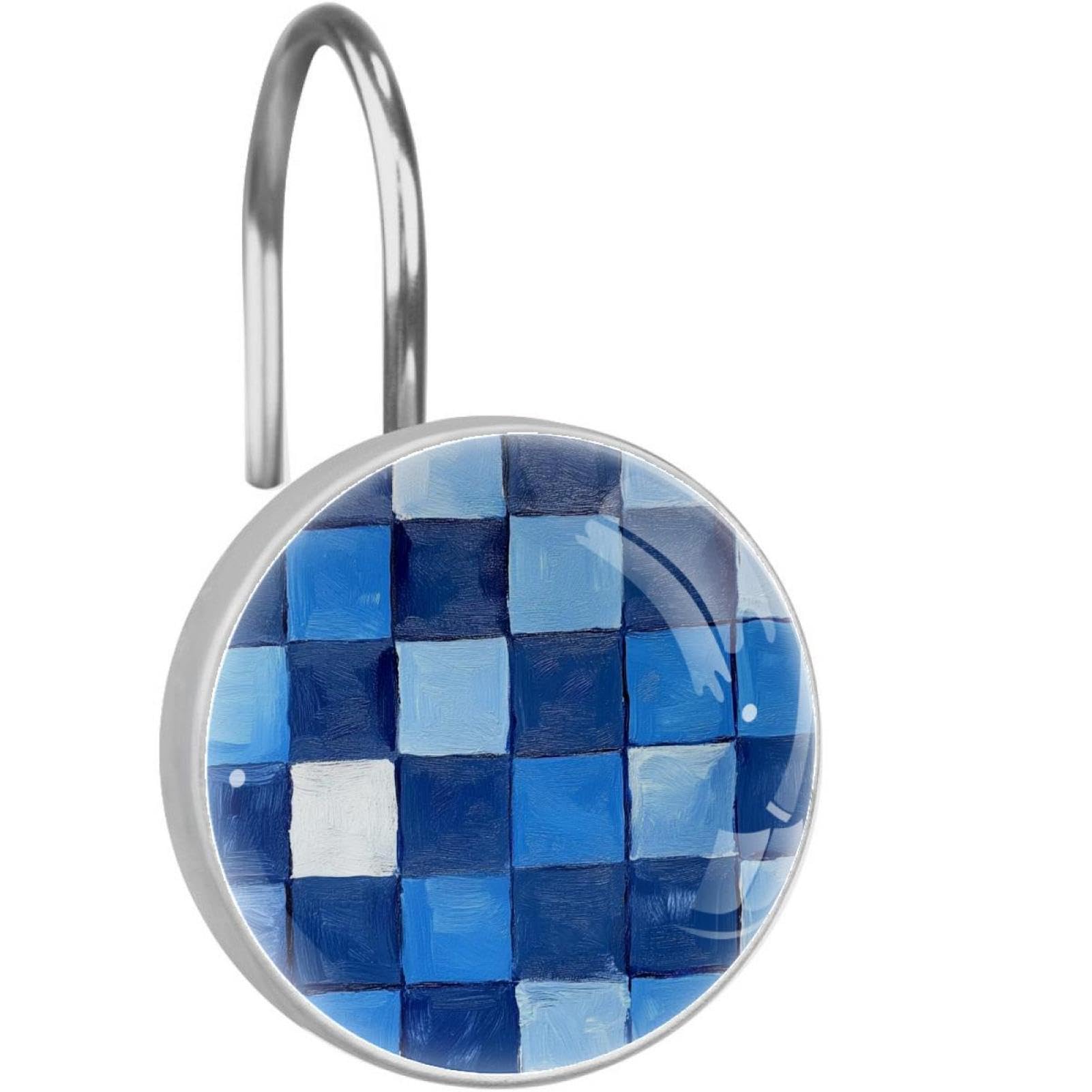 Ganchos para cortina de ducha azul tablero de ajedrez: pack 12 accesorios de cristal