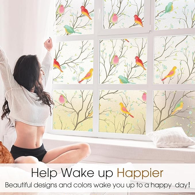 Image of SIA VENDORS Privacy Decorative Stained Glass Window Decal Tint Film, Adhesive Static Cling Sun Blocking Stickers, Door Covering for Home (24IN' x 20FT', Bird Film)