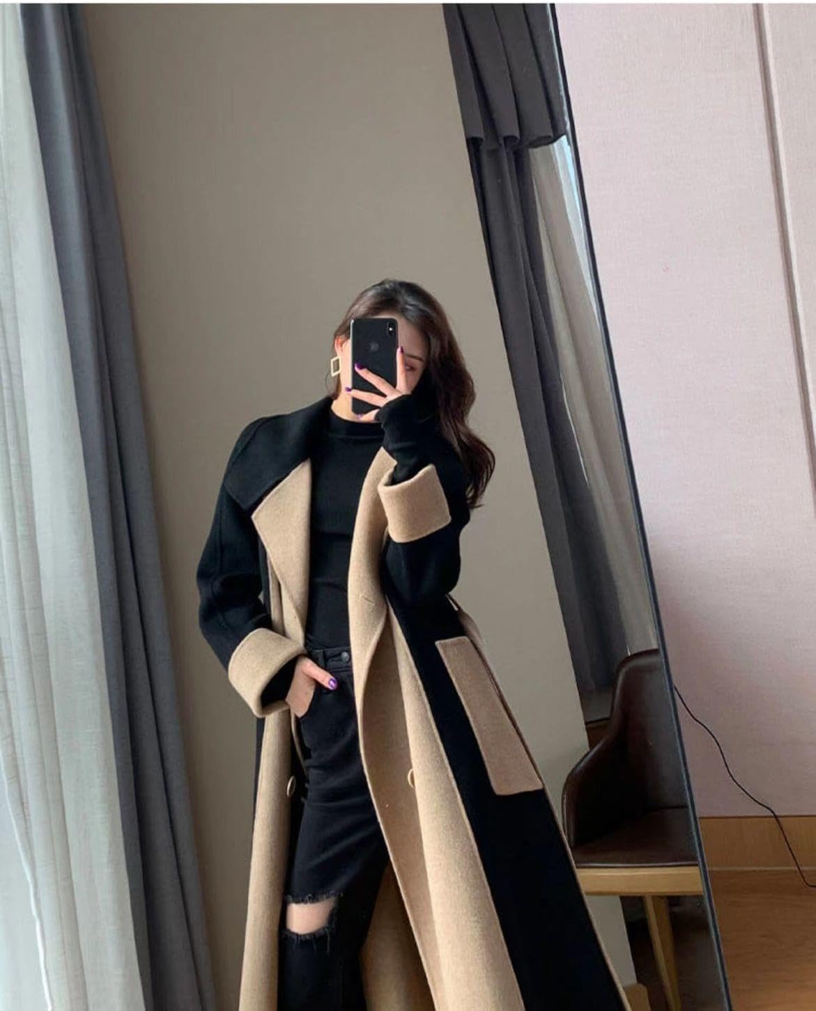 utcoco Womens Long Wool Trench Coat Notched Lapel Double Breasted Pea Coat Color Block Overcoat with Belt