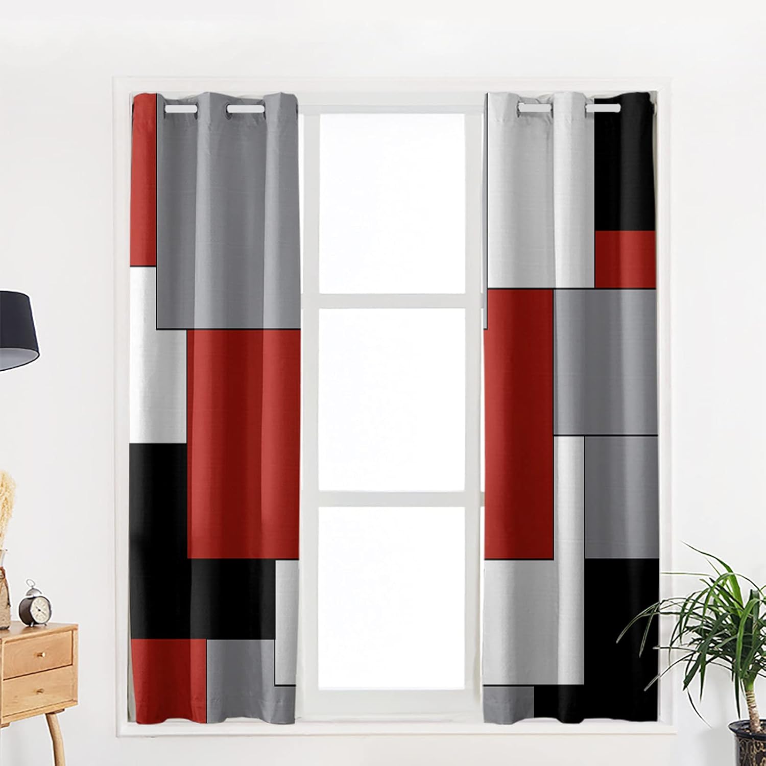2 Panels Blackout Curtains for Bedroom, Thermal Insulated Darkening Curtains Drapes Grommet Window Treatment for Girl/Kid Bedroom, Red and Black Modern Color Block, 55x39
