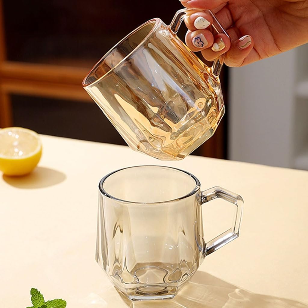 Exquisite Simple Fashion Hexagonal Glass Cup with Handle Home Drinking Glasses Tea Mug Milk Coffee Cup Morning Tumbler 280ml/9.9oz Practical