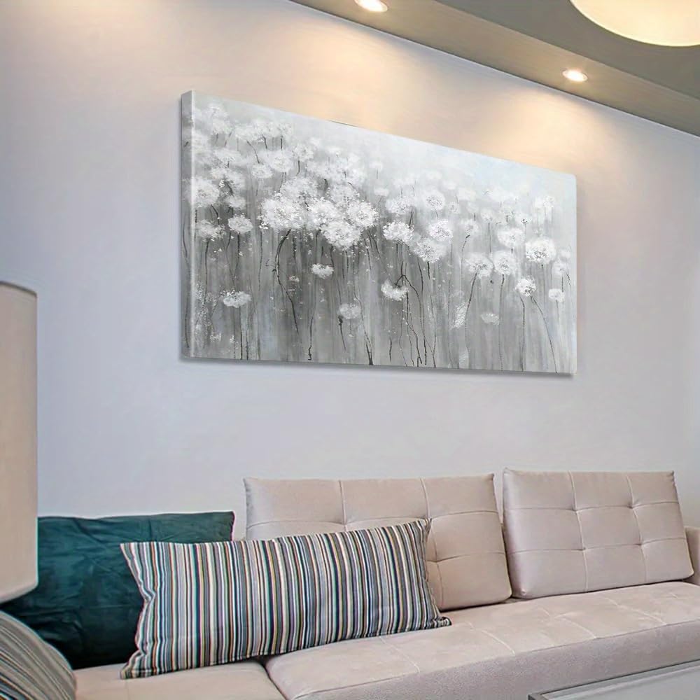AEFOUU White Dandelion Flower Wall Art Print- Modern Farmhouse Horizontal Canvas Painting White Blooms Landscape for Living Room(30x60cm/12x24in/Frameless)