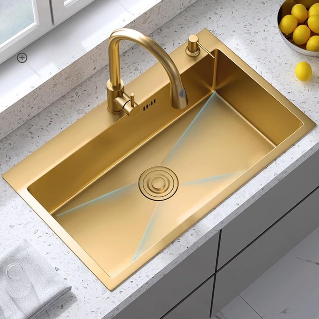 Sink Kitchen Gold Stainless Steel Workstation Square Multiple Sizes Handmade Bar/Prep Sink, Nano With Drain Kit, Easy-Clean,Gold-75 * 45 * 21cm