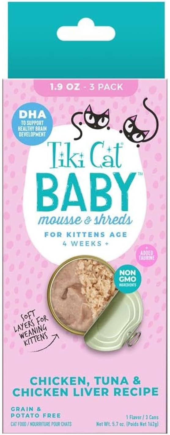 Tiki Cat Baby, Chicken Tuna & Chicken Liver Mousse & Shreds, High-Protein and Flavorful, Wet Cat Food for Kittens 4 Weeks Plus, 1.9 oz. Can (3 Count)