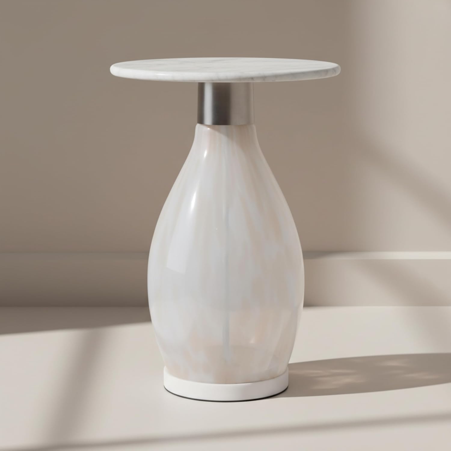 Art Glass Accent Table with Marble Top - Modern Round Side Table for Living Room and Bedroom - No Assembly Required - Indoor/Outdoor, Glass and Marble Home Decor - Living Room Accent – 19", White
