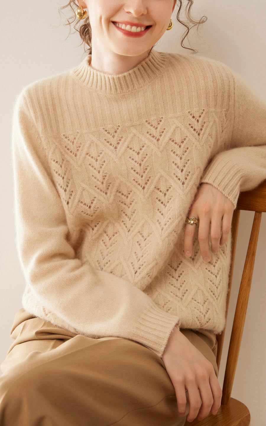 E-girl Maglione da donna 95% cashmere, girocollo, a maniche lunghe, lavorato a maglia, da donna, in lana di cashmere, con crepe, rilassato, DF8091