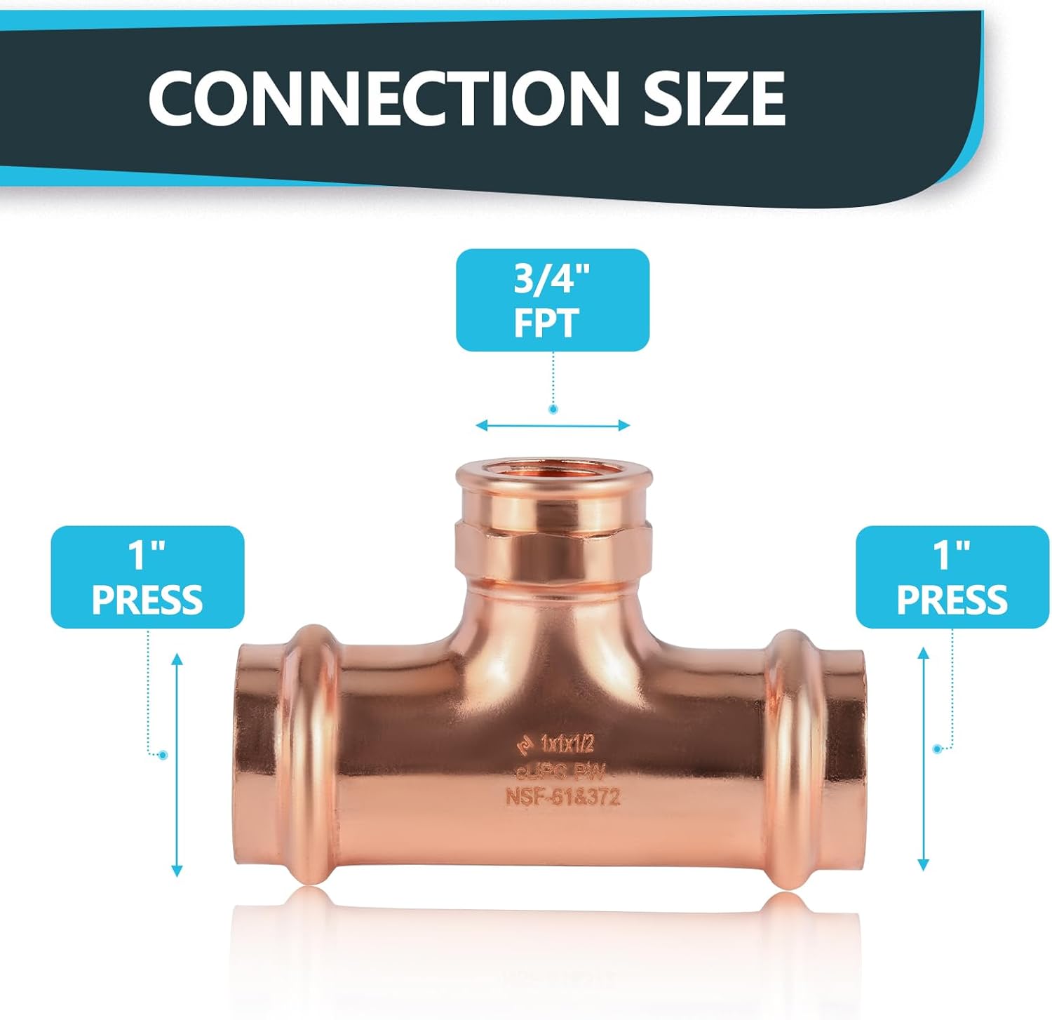 1 Pc Seelink Press Copper Female Tee, 1"P x 1"P x 3/4"FPT Pressure Fittings for Copper Tubing