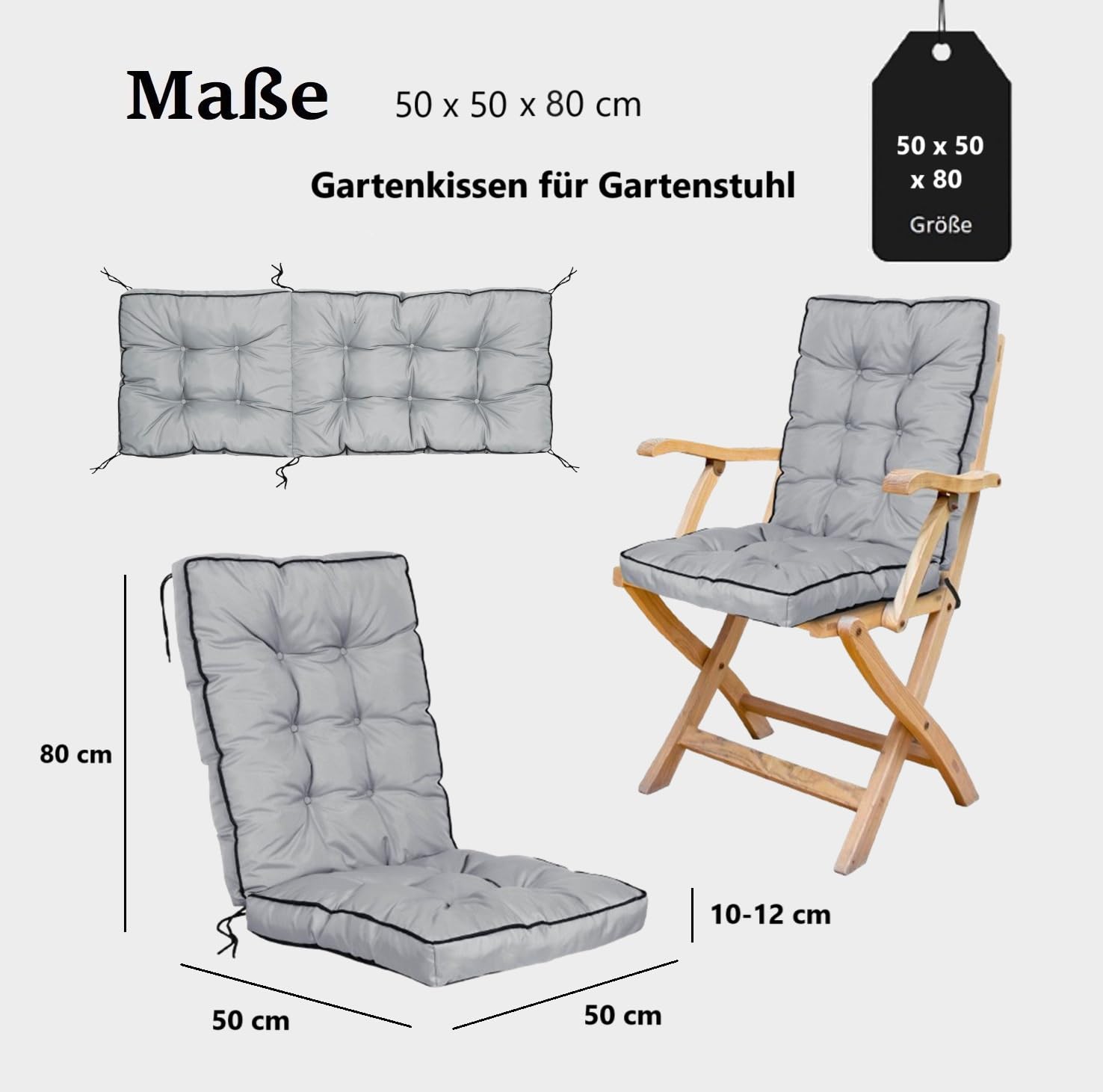 Auflage Hochlehner Gartenstuhlkissen Sitzkissen 50 x 50 x 80 cm Sitzpolster für Stühle mit Hoher Lehne Bindebändern Gesteppt