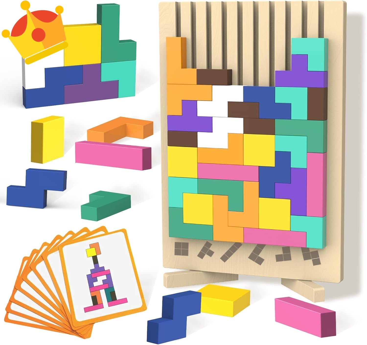 PKKP Holzpuzzle 3D Tetris, Sensorik Bausteine Puzzle mit 42 Steinen und 10 Herausforderungskarten, Montessori Spielzeug Geschenk für Holzpuzzle Set Tetris Spiel ab 3 4 5 6 Jahr (A)