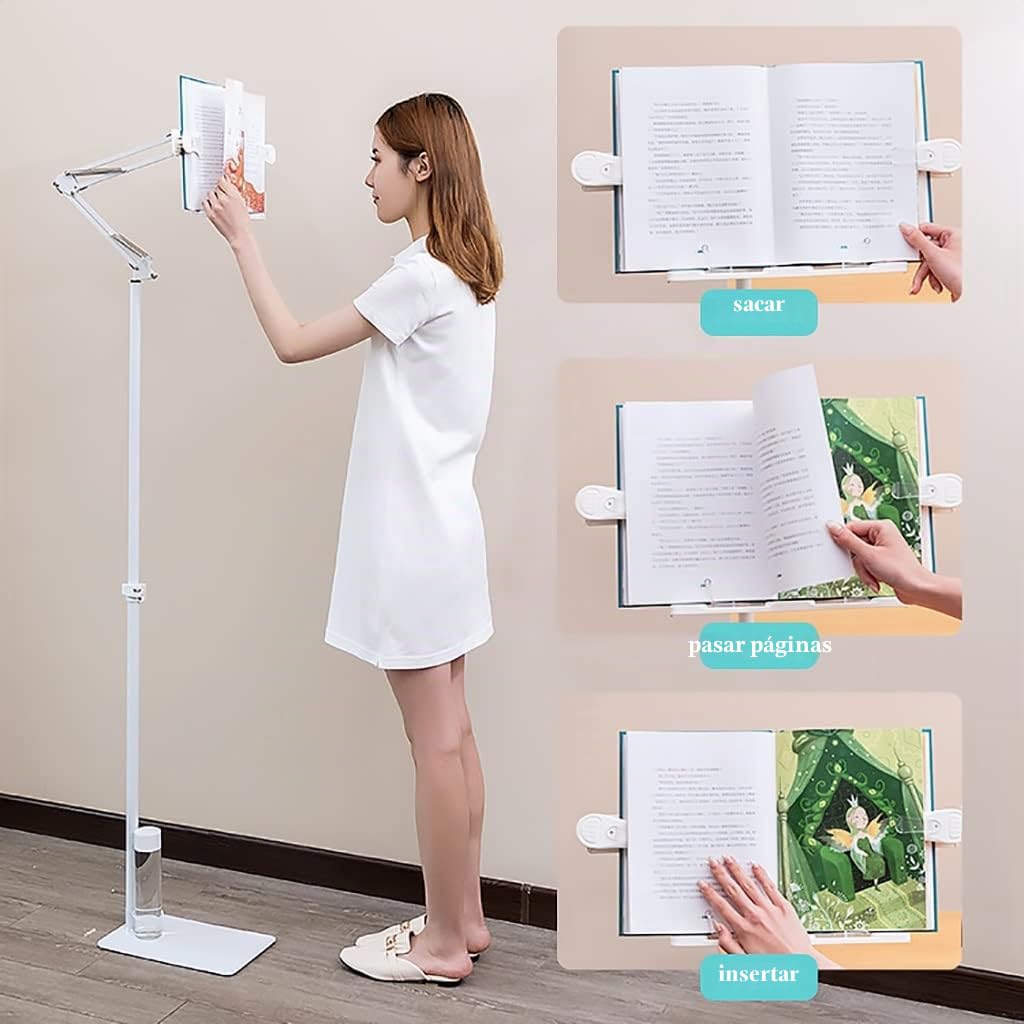 Estante de Lectura de pie con lámpara - Soporte de Lectura Ideal para Cama, Atril, Libros de Cocina - Altura Ajustable y Soporte - Soporte para Libros de Mesa con Brazo Largo