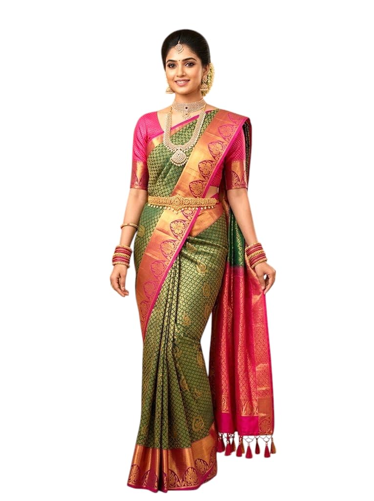 vfcollections Women's Traditional Handloom Kanchipuram Silk Saree | Rich Zari Woven Design | Unstitched Blouse Piece-picture-44