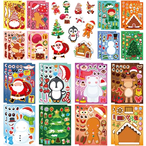 32pcs Christmas DIY Stickers Xmas Party Activity Supplies Make Your Own Characters Mix and Match Sticker Sheets Xmas Snowman Elk Make-a-face Stickers for Christmas Party Decorations