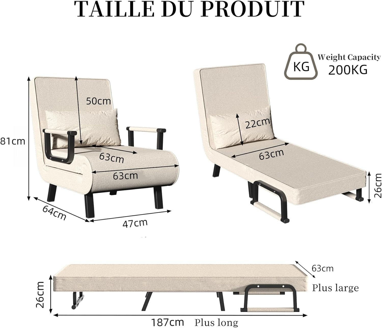 YLGJ&TIDY Sillón Cama 1 Plaza Plegable 3 en 1, Sofá Cama Individual Convertible con Respaldo Ajustable en 6 Posiciones, Poltrona Multifuncional Sillon Cama para Sala, Dormitorio y Oficina (Beige)