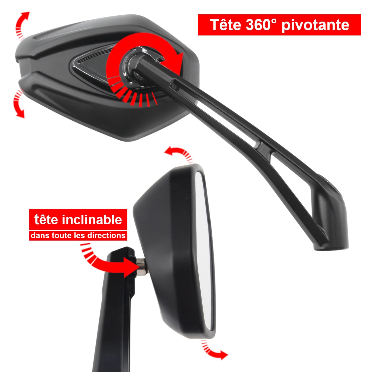 Area1 Rétroviseur moto et scooter Rouge (2 pièces) homologué E, 2xM10/M8 filetage à droite+1xM10/M8 filetage à gauche ATV, Quad (Noir)