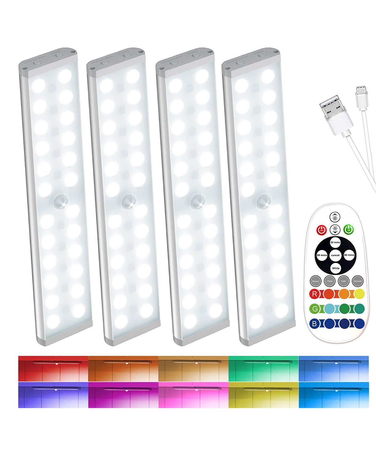 SZOKLED 58-LED Under Cabinet Lighting Wireless, RGB Motion Sensor Night Lights with Remote, 1100mAh Magnetic Under Cabinet Lights for Kitchen, Shelf, Stair, 15 Color (4 Pcs)