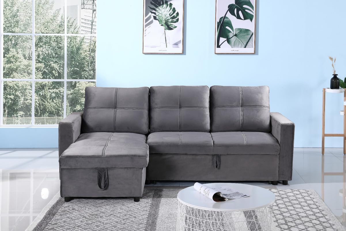 Sofá Cama Chaise Longue BOGA 3 Plazas Gris Terciopelo 215 x 135 cm - Cheslong Reversible con Arcón y Almacenamiento - Sistema de Arrastre - Tapizado Suave - Armazón Pino Macizo - Salón