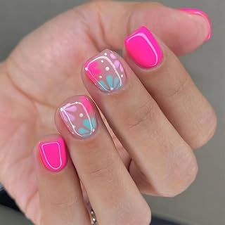 24Pcs Pink Square Press on Nails Short Fake Nails with Glue Cute Floral False Nails Spring Summer Stick on Nail Full Cover Artificial Nails Press ons Flower Glue on Nail for Women