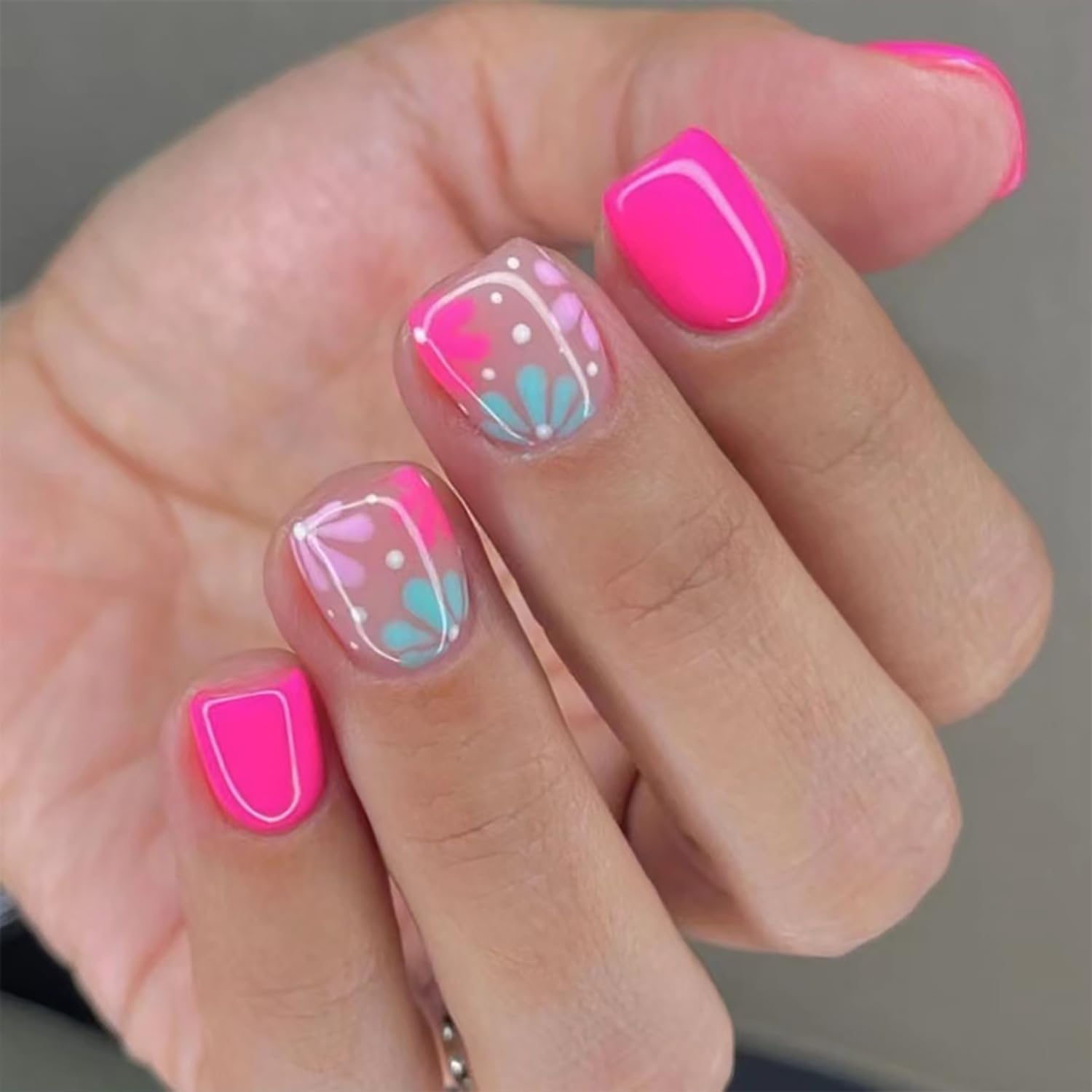 Pink Square Press on Nails - Glossy Floral Design