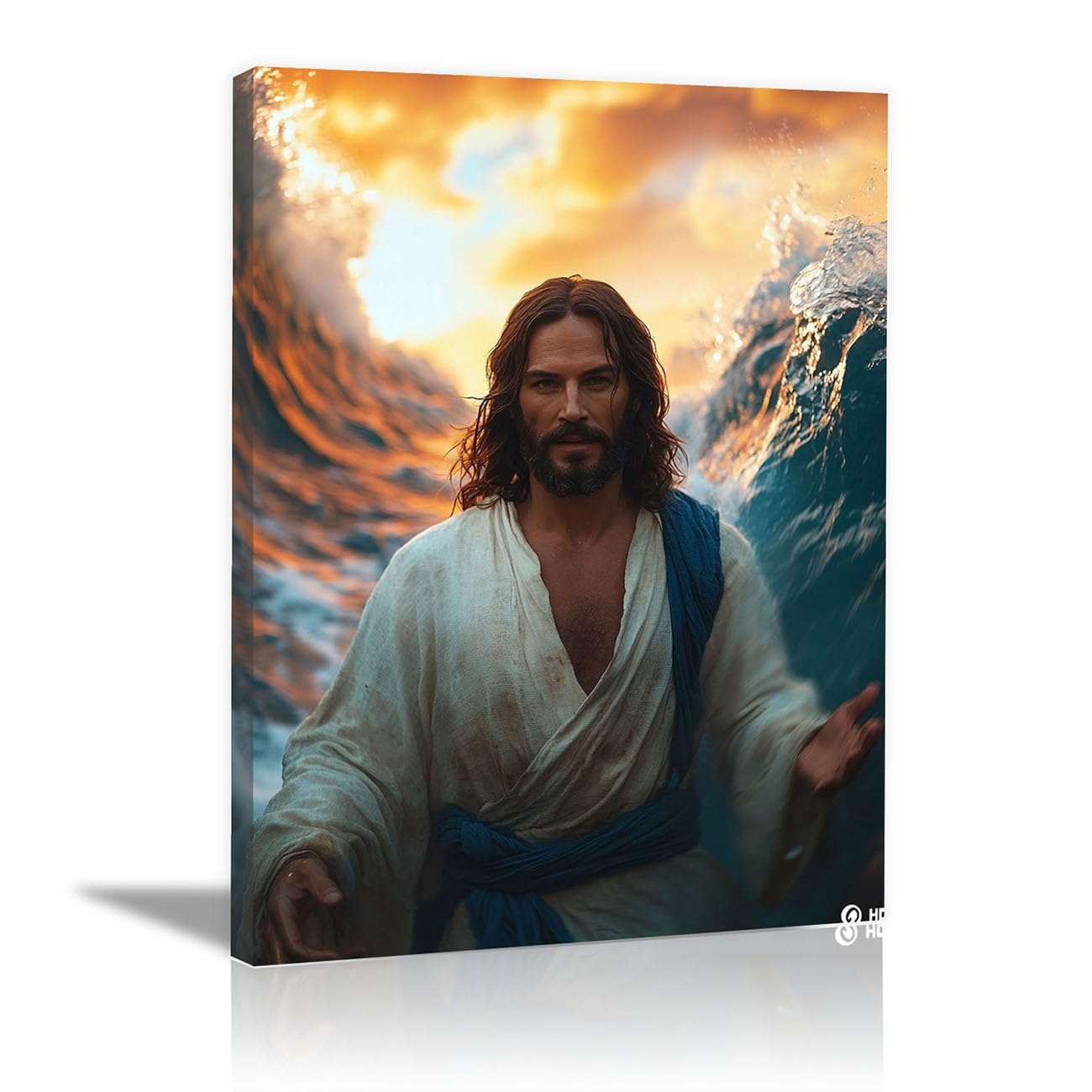 QUSAAOU Jesus Canvas Wall Art Jesus in Water Image Christian Religious Prints Painting for Bedroom Living Room Bedroom Hallway Home Decoration(orange)-60x90cm Framed