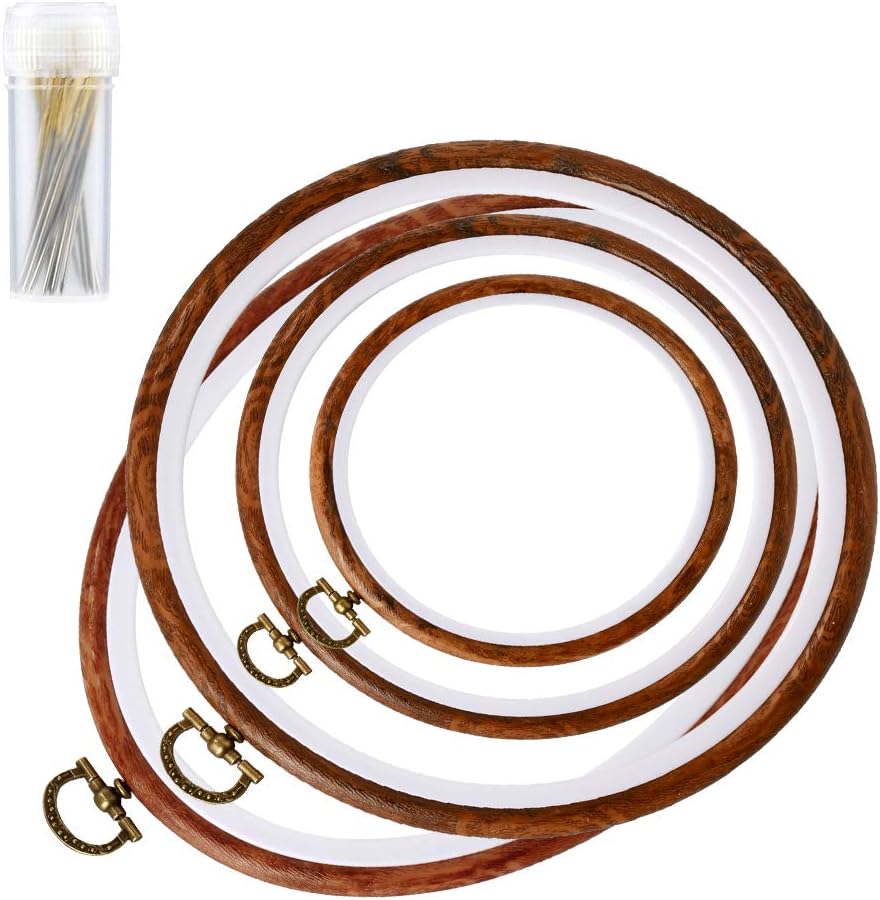 4 Pack Embroidery Kit, Oval Embroidery Hoops Imitated Wood Embroidery Hoop Frame Circle and Oval Cross Stitch Supplies with Large Eye Sewing Needles for Sewing and Wall Hanging