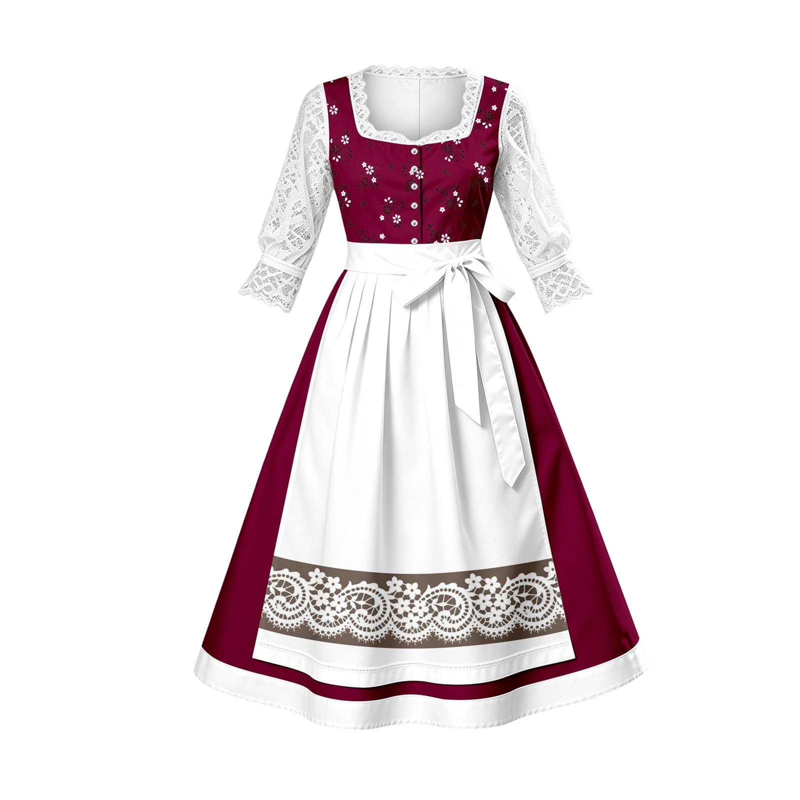 Generisch 2026 Robe longue de fête de bière avec motif floral français pour fête de jardin avec nœud aspect cintré pour une mode de maison de campagne élégante avec corset jupe plissée