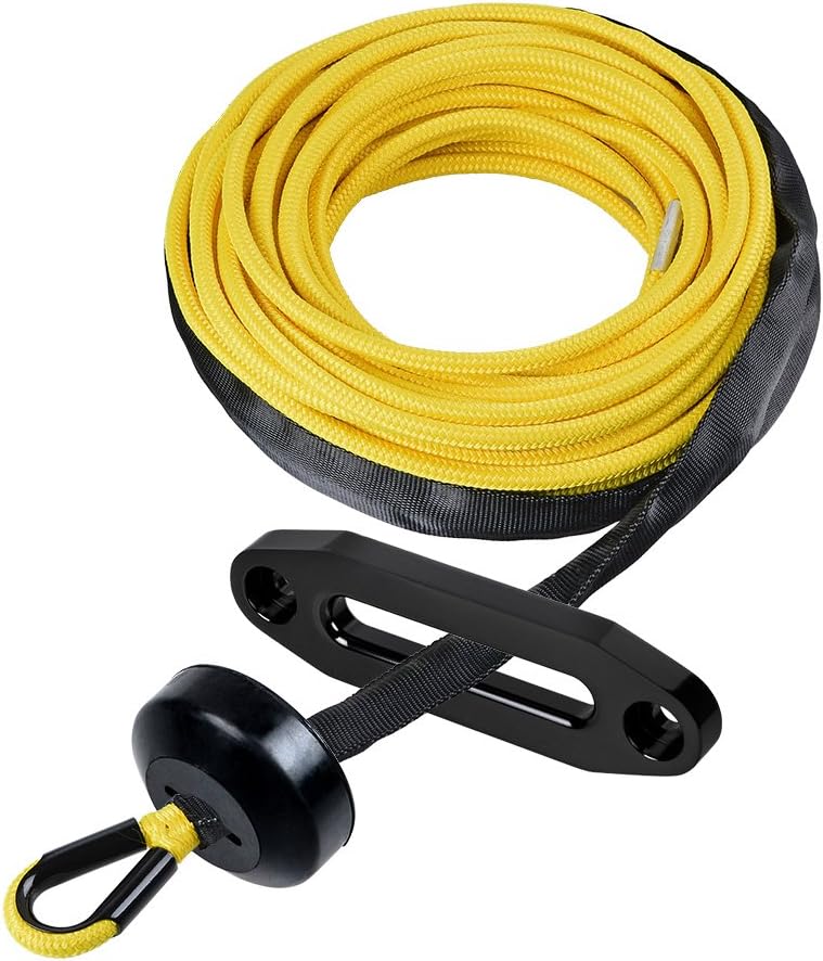 1/4" x 50ft Yellow Synthetic Winch Rope 7000lbs 12-Strand 39" Rock Guard + Black Hawse Fairlead 6" Mounting Bolt + Rubber Stopper for ATV UTV Ramsey KFI Truck Snow Plow