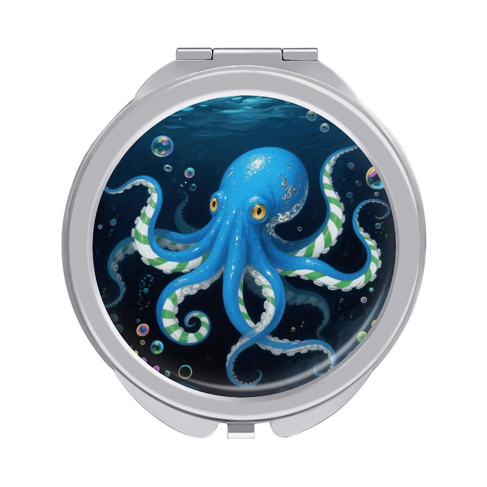 FodPand Compact Hand Mirror with 1x/2x Magnifying Round Travel Makeup Mirror Mini Foldable Blue Octopus Cosmetic Mirrors Travel Essentials Gift for Women Girl Portable for Pocket Purse -Silver