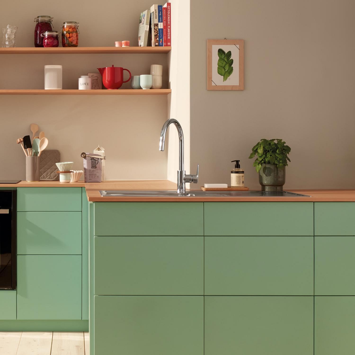 GROHE QuickFix Start Edge, Rubinetto Miscelatore per lavello da cucina a 1 leva con funzione estraibile (bocca a C alta, area girevole a 360°, cartuccia in ceramica da 28 mm) 357 mm, Cromo, 30551000
