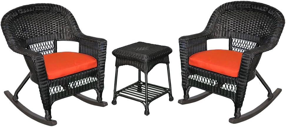 Jeco 3 Piece Rocker Wicker Chair Set With With Red Cushion, Black