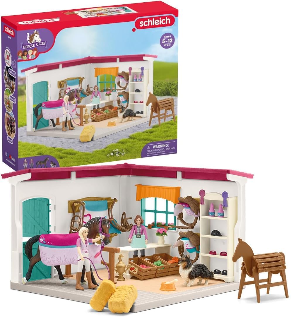 Schleich Horse Club | Reitshop zum modularen Reiterhof 42568 | 67 Teile | Set inkl. Haus, Hund, 2 bewegliche Figuren & Zubehör | Geschenk für Mädchen und Jungen | Pferde Spielzeug ab 5 Jahren