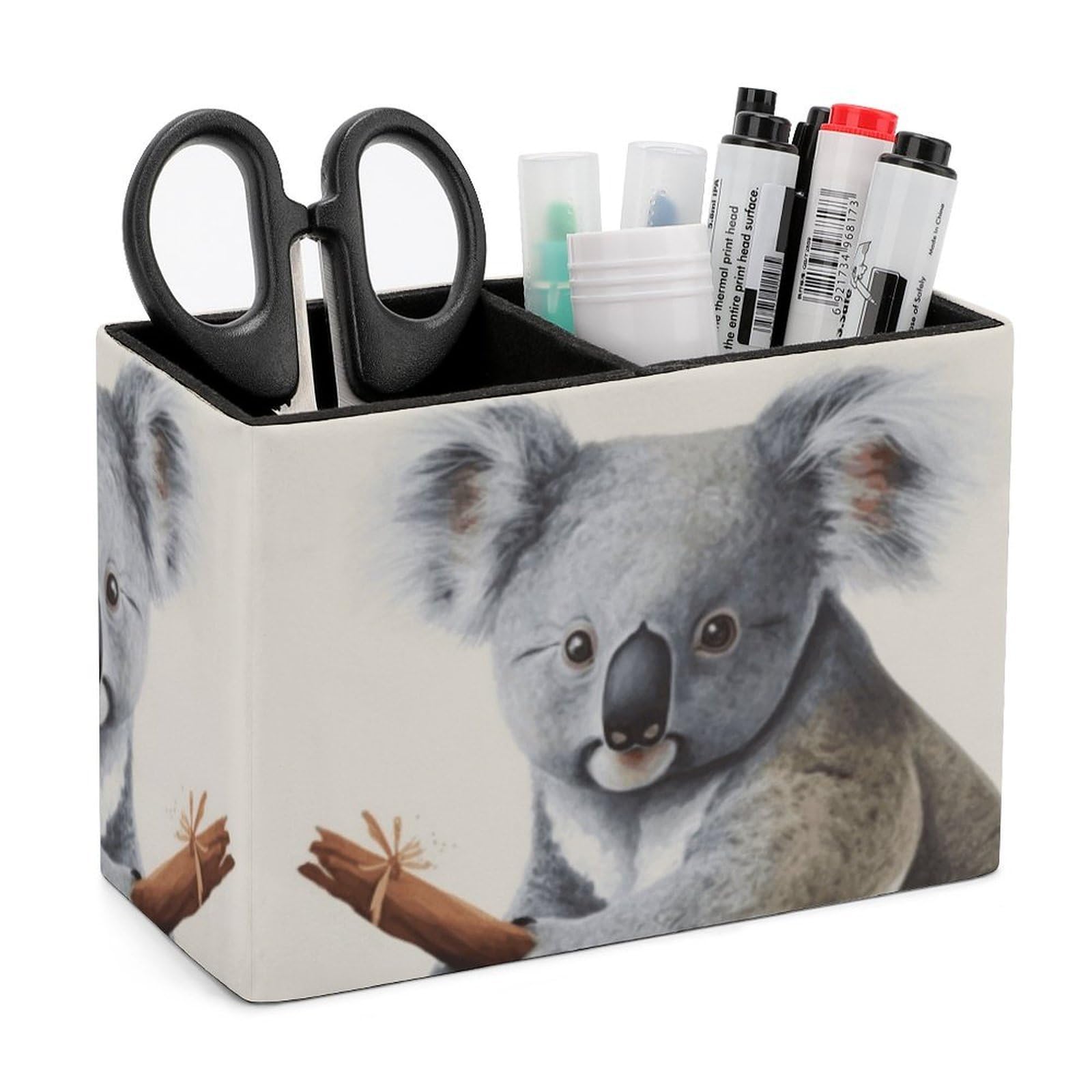 LZQPOEAS Exquisite Patterns PU Leather Pen Holder, Multifunctional Desktop Organizer Caddy with 2 Compartments, Koala And Butterfly Pencil Cup Makeup Brush Holder for Office Home