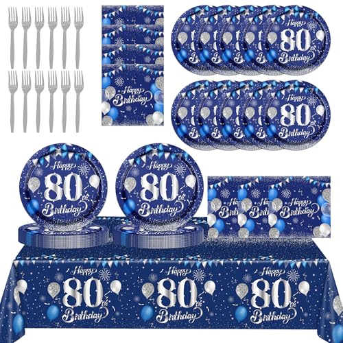 80th Birthday Decorations for Men 61Pcs Blue Silver 80th Birthday Decorations Tableware Include Happy 80th Birthday Plates and Napkins Tablecloth Forks for Men 80th Birthday Party Supplies Serve 20