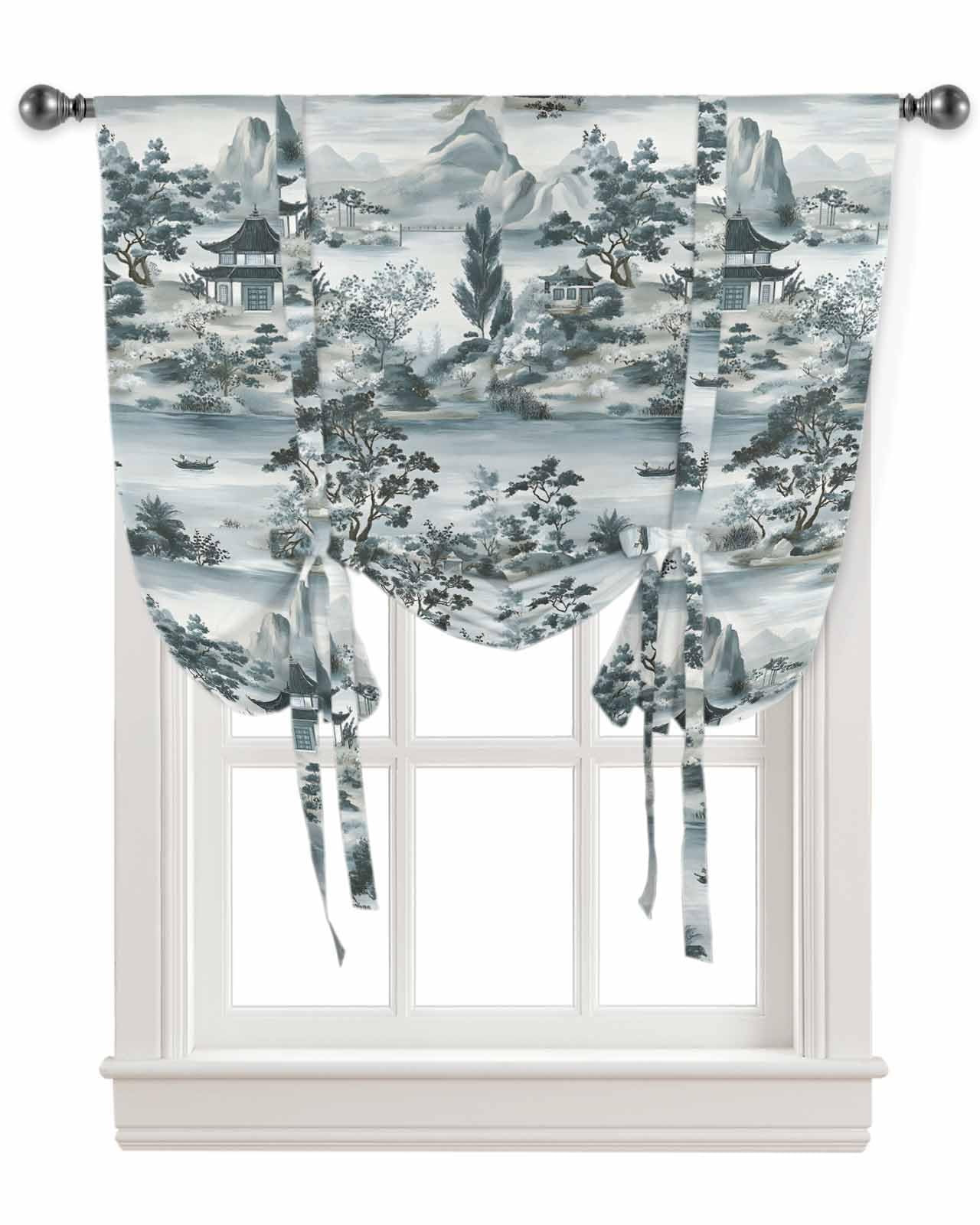 Tie Up Curtains for Kitchen Windows,Retro Garden Landscape Plant Mountain Adjustable Balloon Shade Curtain Panel Rod Pocket Drapes for Small Window Decor 34