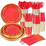 Red and Gold Party Supplies 140 Pieces Golden Dot Disposable Party Dinnerware - Red Paper Plates Nap