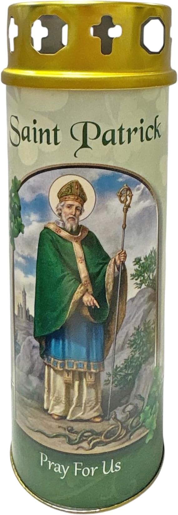Saint Patrick Pillar Candle and Windproof Cap and Prayer with 68 Hour Burn Time Religious Saint Patrick's Day 9367