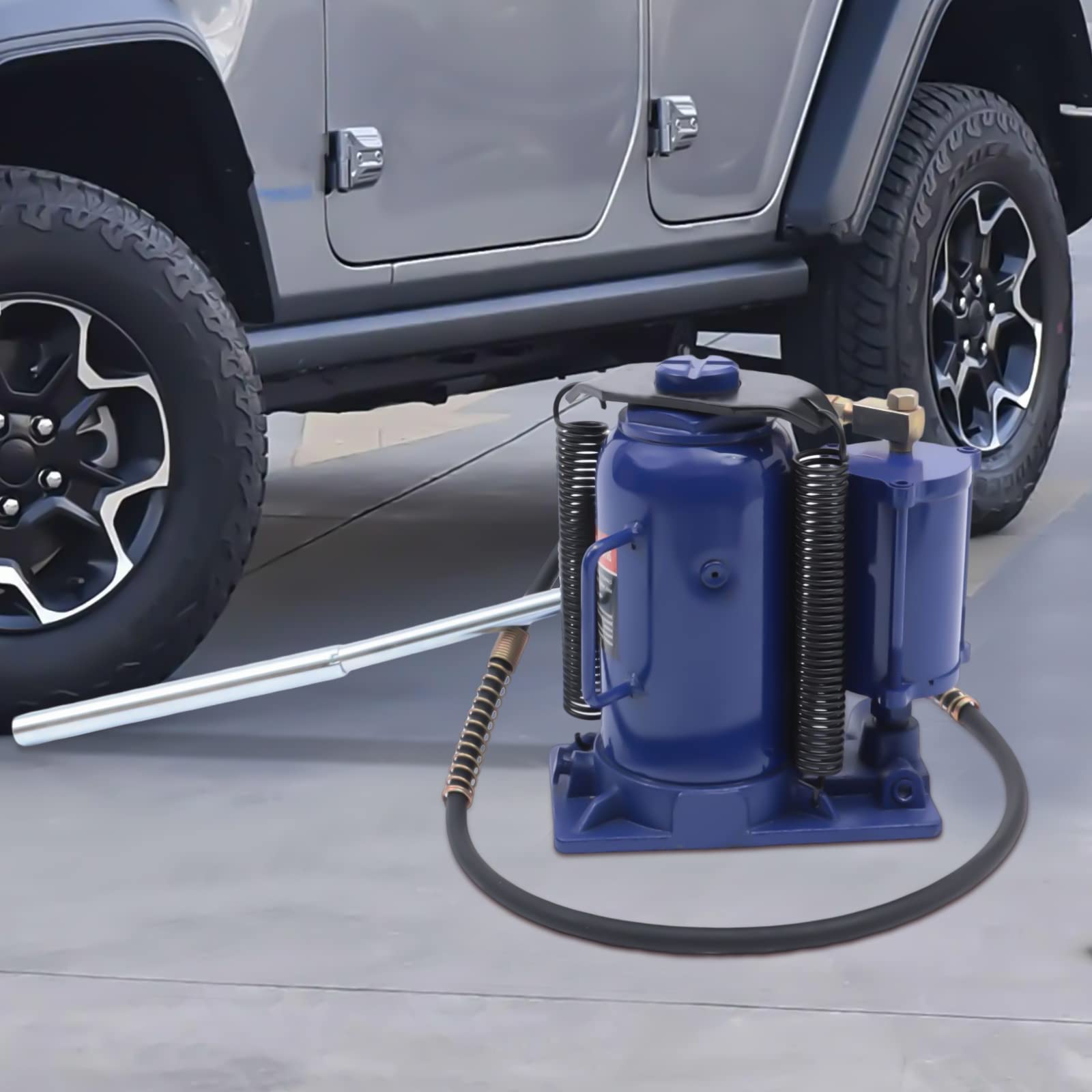 Gato hidráulico neumático de acero para botellas de 20 toneladas, gato hidráulico para coche con bomba manual manual, soporte de elevación hidráulico azul con manguera de aire de 117 cm de largo