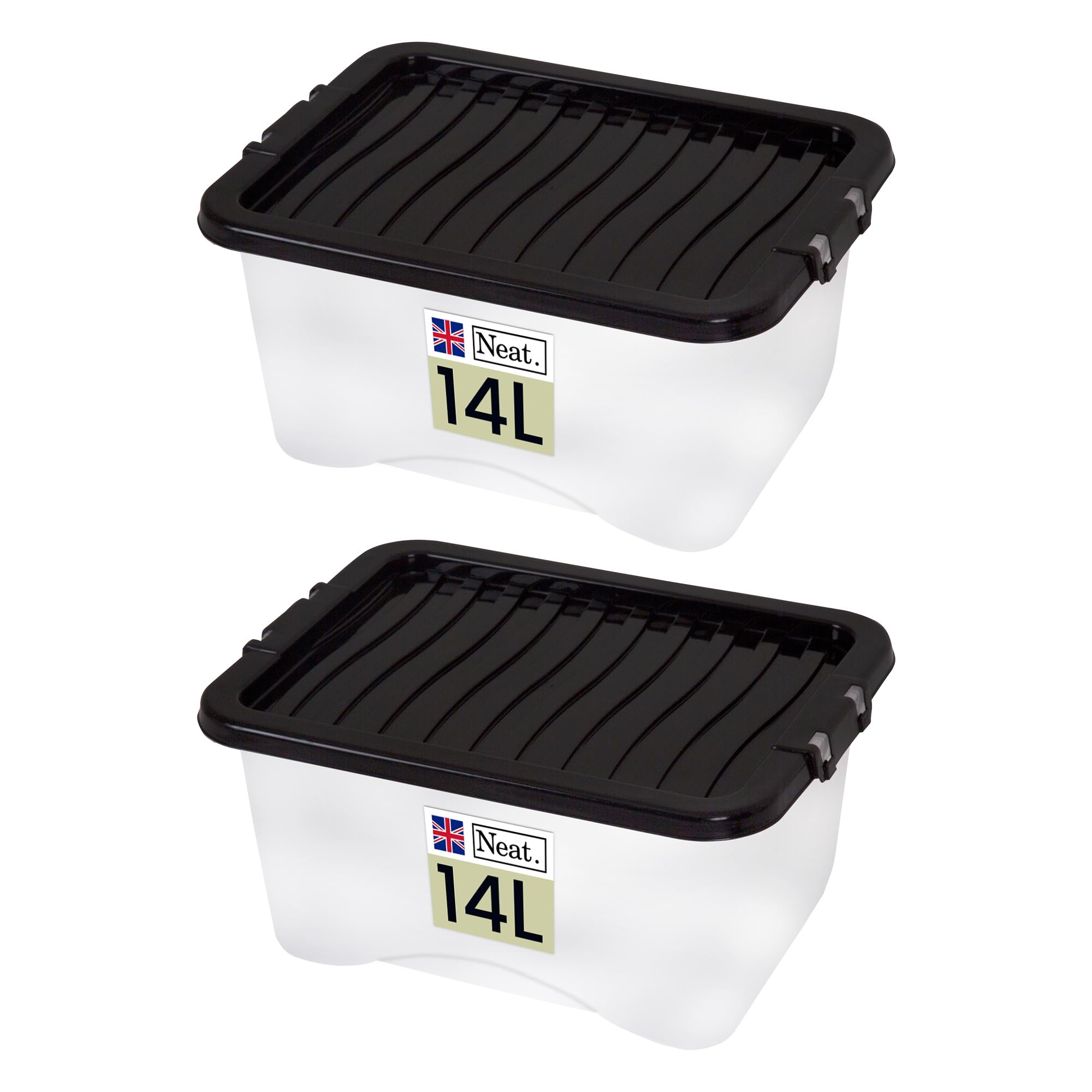 Neat. Plastics 14L Heavy Duty Storage Box, Clear Base, Black Lid - Organise Easily with Plastic Storage Box, Ideal Clear Boxes for Storage, Durable Plastic Boxes with Lids, Pack of 2