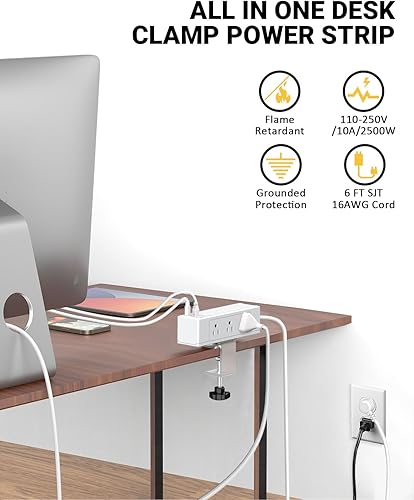 Miniatura 7 de Regleta de alimentación con abrazadera de escritorio con USB C, protector de sobretensiones de escritorio con 9 enchufes de CA, 4 puertos USB,