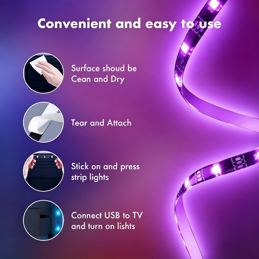 Luci a LED per TV, retroilluminazione RGB TV, luci LED da 5 m per TV da 45 a 75 pollici, sincronizzazione musica Bluetooth APP e telecomando USB alimentate striscia luci per camera da letto