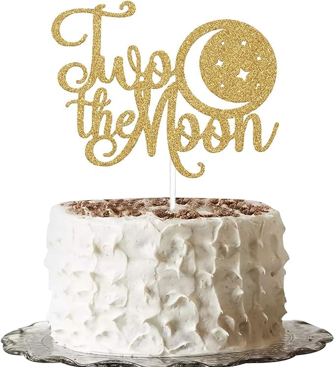 Image of Two the Moon Cake Topper | Happy 2nd Birthday Cake Topper | 2nd Birthday Party Decoration Supplie | Smash Cake Decoration | Photo Booth Props | Gold Glitter