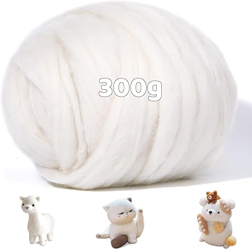JUPEAN Lana Roving de 10.58 onzas  10.58 oz de lana de fieltro grueso de lana natural blanqueada lana natural para fieltro de aguja, relleno de