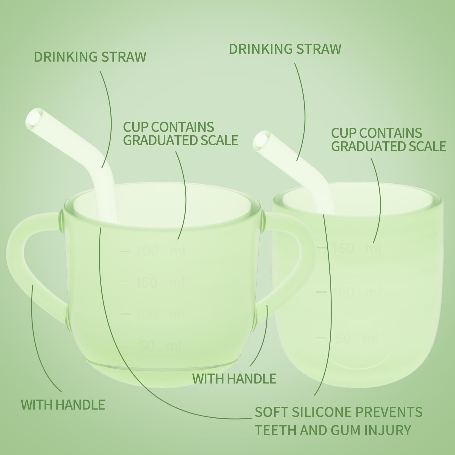 2-Pack Silicone Baby Cups, for Babies 6+ Months, Leak-Proof Open & Straw Cup Transition Set, BPA-Free Weaning Supplies 5oz (Green) Transparent Green