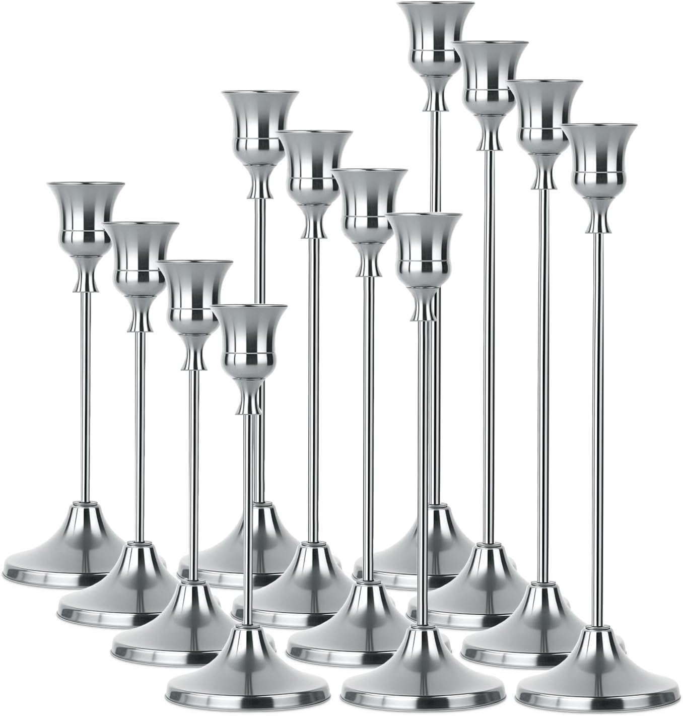 4 Sets(12 Pcs) Silver Tapered Candle Holder,Candlestick Tall Metal Candlestick Holders for Table Centerpiece Home Decor for Wedding Fireplace Mantel Housewarming Gift Fits 3/4 Inch Thick Candles