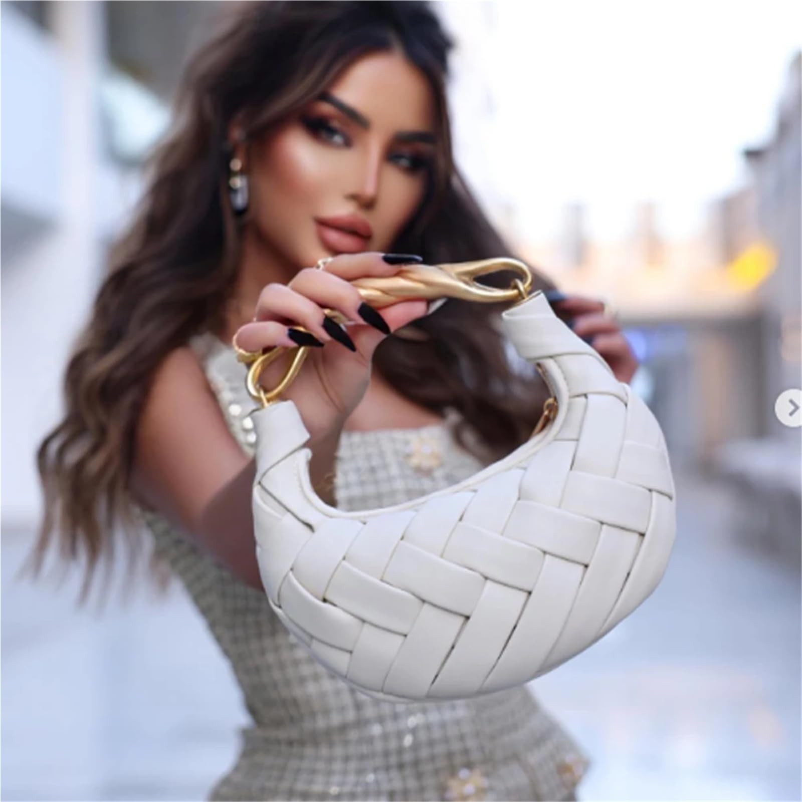 Bolsos de piel trenzada para mujer Bolso de mano for mujer, piel sintética trenzada, tejido a, con asa metal tipo cartera
