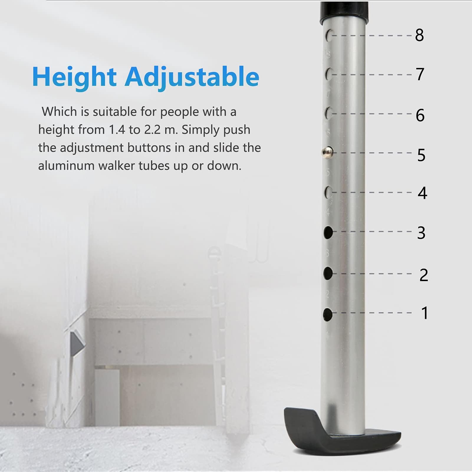 Andador Portátil para Adultos, Andador con Ruedas, Altura Ajustable, Apoyabrazos y Respaldo Acolchados, Andador Médico Ideal para Personas Discapacitadas, 8 Niveles de Altura