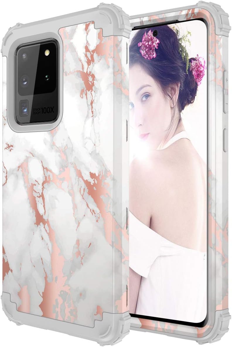 ZHK Galaxy S20 Ultra Case, Marble 3 Layer Heavy Duty Shockproof Case Hybrid Sturdy Armor Hard PC+Silicone Bumper Full-Body Protective Case for Samsung Galaxy S20 Ultra 5G (6.9", 2020)-Gray Gold